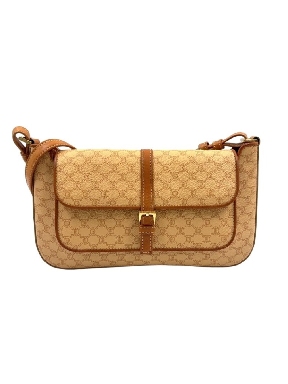 Celine Macadam Belt Flap Leather Beige Light Brown Shoulder Bag Gold